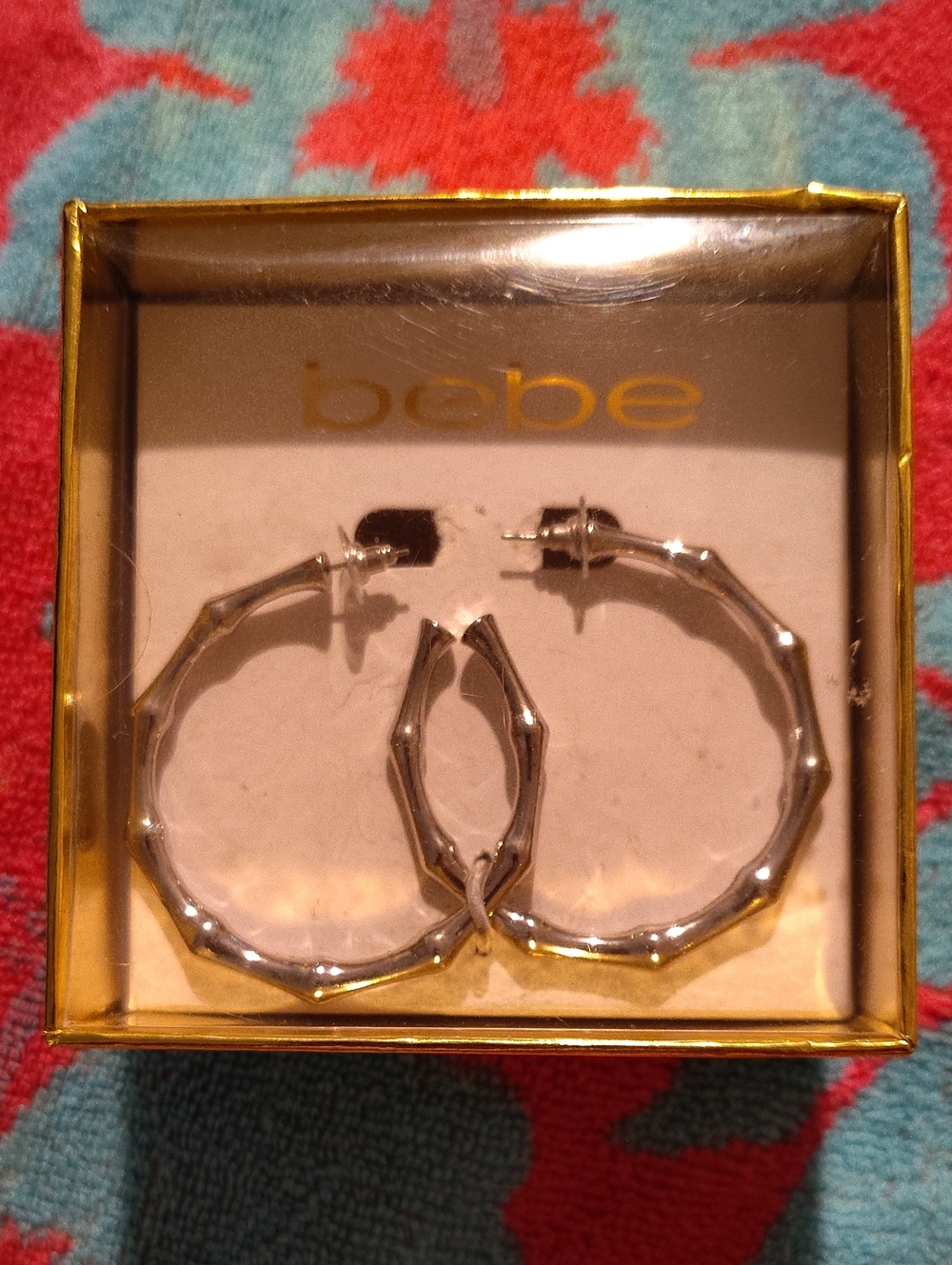 bebe Silver Textured Bamboo Hoop Earrings